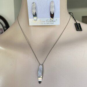 Rhodium Plated Silver tone Pave CZ Necklace & Earrings
